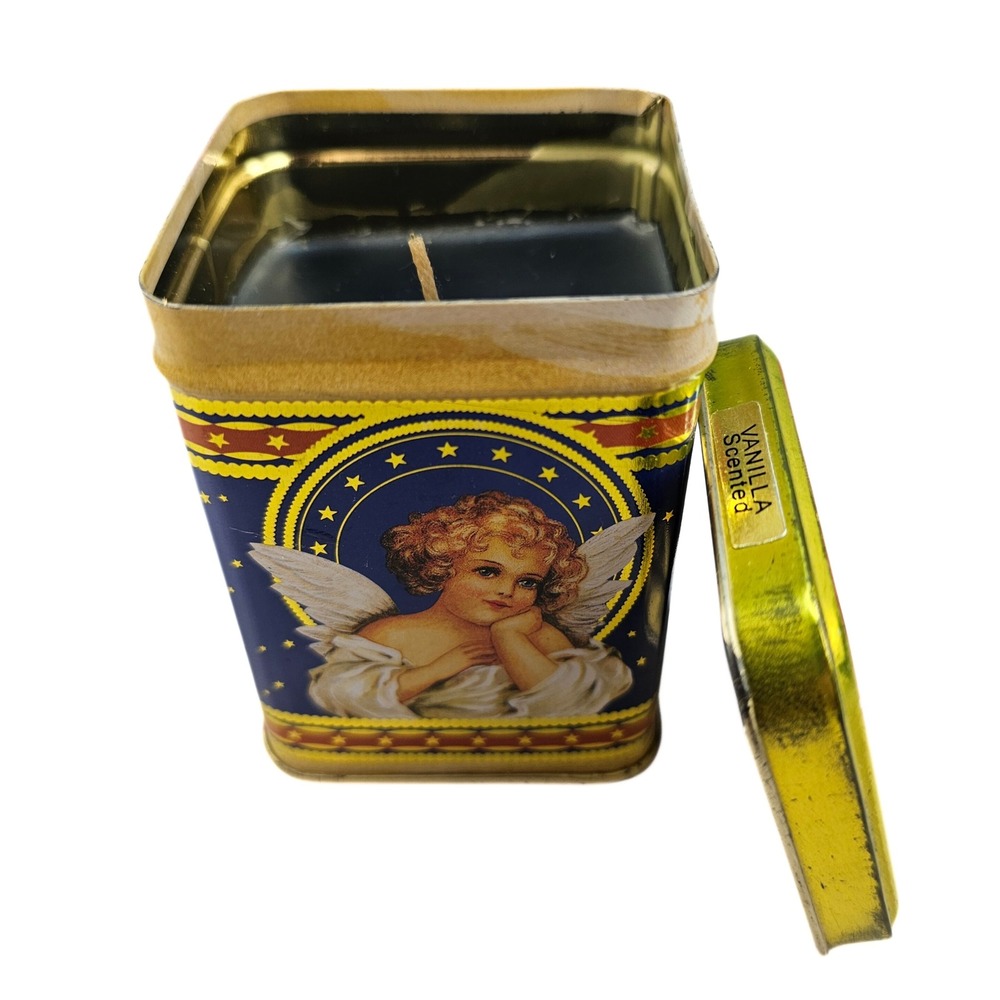 VTG Candle in Collectible Tin with Angel Print Vanilla Scented‎ by Giftco, INC
